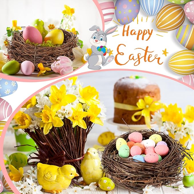 Simgoing 12 Pcs Birds Nests with 100 Pcs Easter Eggs, Mini Artificial Bird Nest for Crafts, Easter, Party, Wedding, Faux Rattan Nest Decorating(3.9 Inch)