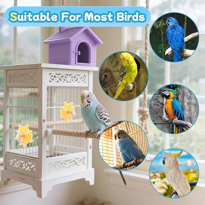 2 Colors Bird Toys for Parrots, Small Bird Cage Toys with Spinning Rattle, Hanging Roller Parakeet Cage Accessories for Chewing Exercise, Budgie Entertainment (White and Yellow)