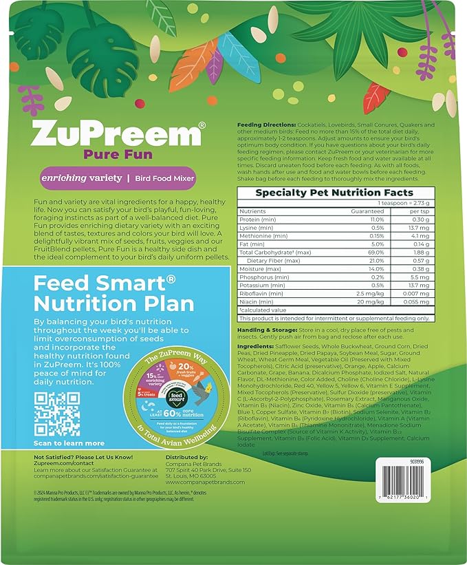 ZuPreem Pure Fun Bird Food, Cockatiel, Lovebird, Quaker, Small Conure, Lorikeet, Bird Seed and Pellets Blend for Medium Birds, ZuPreemEnriching Variety, Made in USA, Cockatiel Food, (Medium, 2 lb bag)