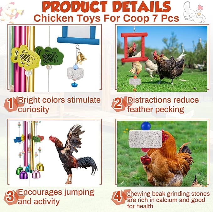 VioraWhite 7 Pcs Chicken Toys, Hanging Chicken Wind Chime, 2 Pcs Coop Mirror Toys with Bells 4 Pack Beak Grinding Stones, Musical Coop Accessories for Hen Rooster Chick Poultry Bird(Rose Red, Blue)