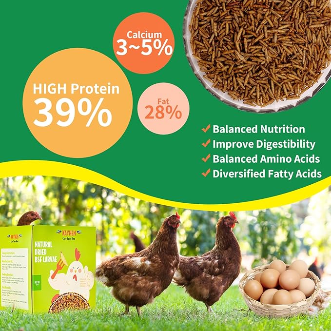 KAYHEN Dried Black Soldier Fly Larvae 5LB Non-GMO BSF Larvae for Chickens More Calcium Than Mealworms High-Protein Chickens Treats for Layer Hens Wild Birds Ducks