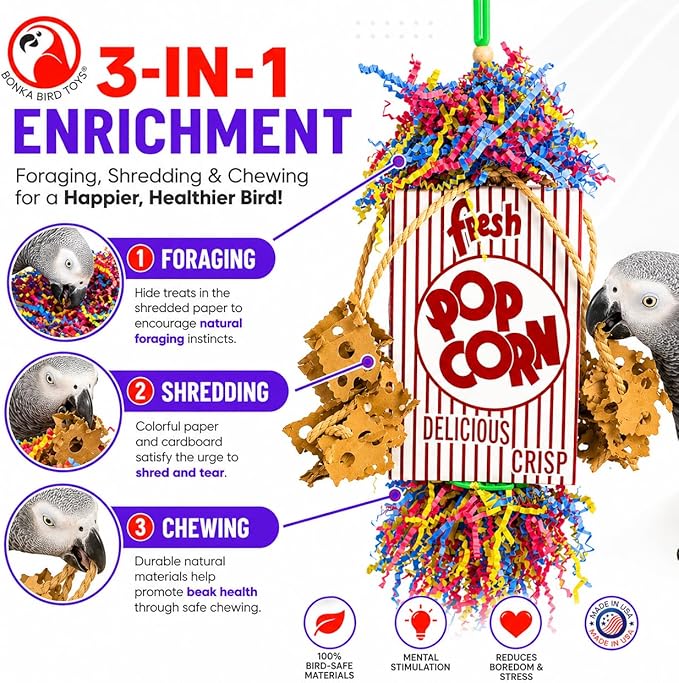 Bonka Bird Toys Popcorn Explosion Bird Toy 15" x 6" Foraging Shredding Toy for Small to Medium Birds Parakeets Cockatiels Conures Natural Paper Cardboard Hanging Cage Toy (Pack of 2)