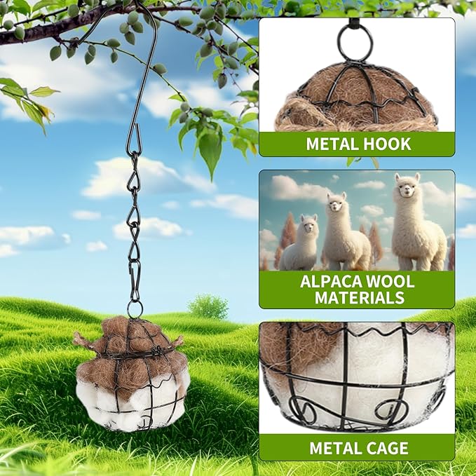 Bird Nesting Material, Hummingbird Nesters, Natural Alpaca Wool Material for Wild Birds, Design for Bird Lover Gifts, Nesting Balls for Wild Birds, Refillable Outdoor Birds Nesting Station