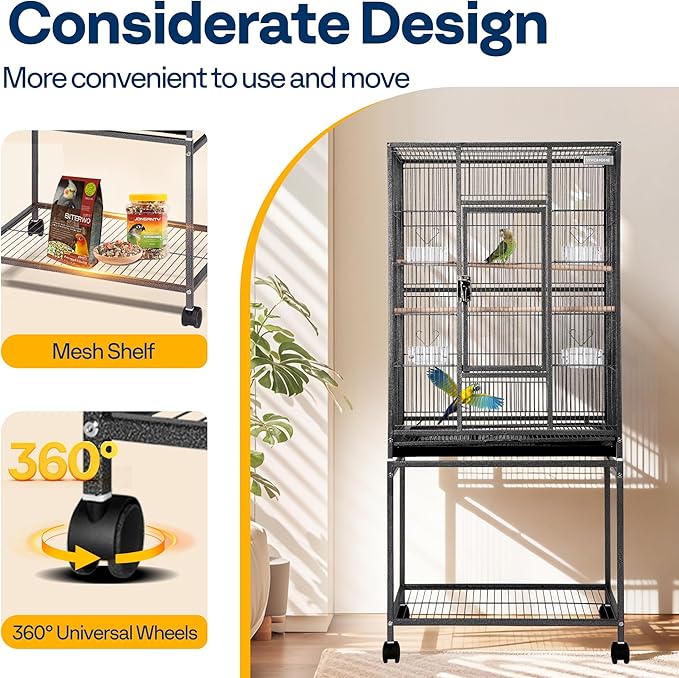 VIVOHOME 54 Inch Wrought Iron Large Bird Flight Cage with Rolling Stand for Parakeets Canaries Cockatiels Lovebirds Conures, Black