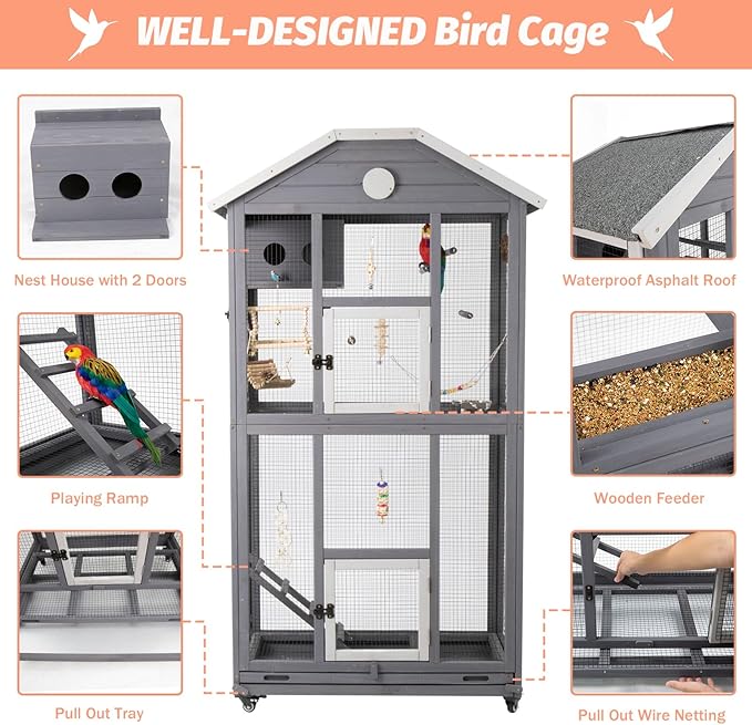 Gowoodhut Outdoor Bird Cage Large, Wooden Flight Aviary with Perches, Nest Habitat, and Easy-Clean Pull Out Tray for Parakeets, Macaws, and More