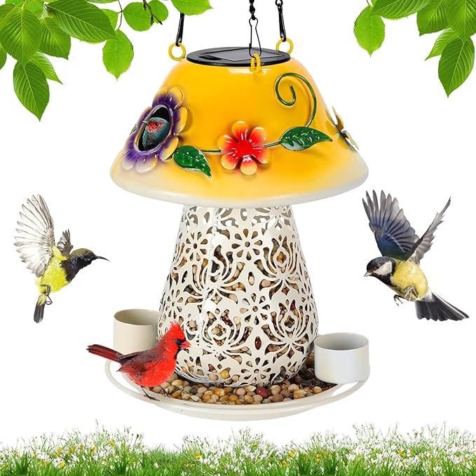 Mushroom Solar Bird Feeders for Outdoors Hanging Metal Wild Bird Feeder with S Hook for Garden Decoration Yellow