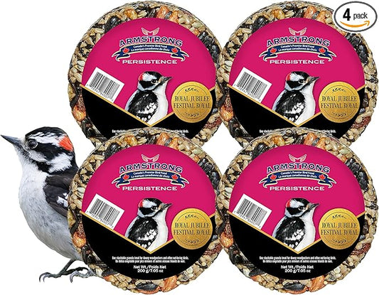Armstrong Wild Bird Food Royal Jubilee Persistence Granola Stack, 7.05oz (Pack of 4) High-Energy Treat with Black Oil Sunflower Seeds, Peanuts & Fruit - Ideal for Granola Stack Feeders