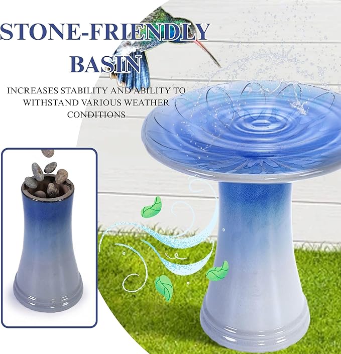 Ceramic Bird Bath for Outdoors, 18" H Weather-Resistant Birdbath for Garden Bird Watching, Pedestal Glazed Birdbaths, Ombre Blue