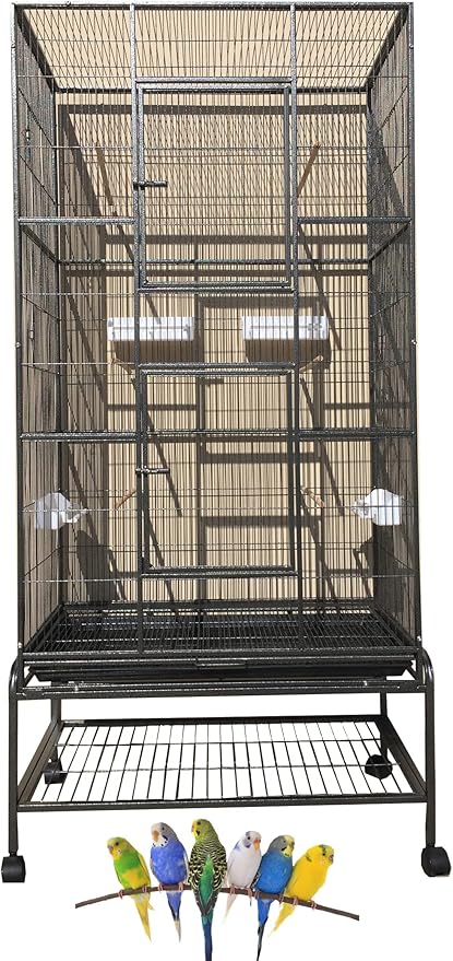 70" Extra Large Bird Parrot Flight Breeder Cage Side Breeding Nest Box Door Double Feeder Cups Easy Pull Out Metal Grate and Washable Tray with Removable Rolling Stand