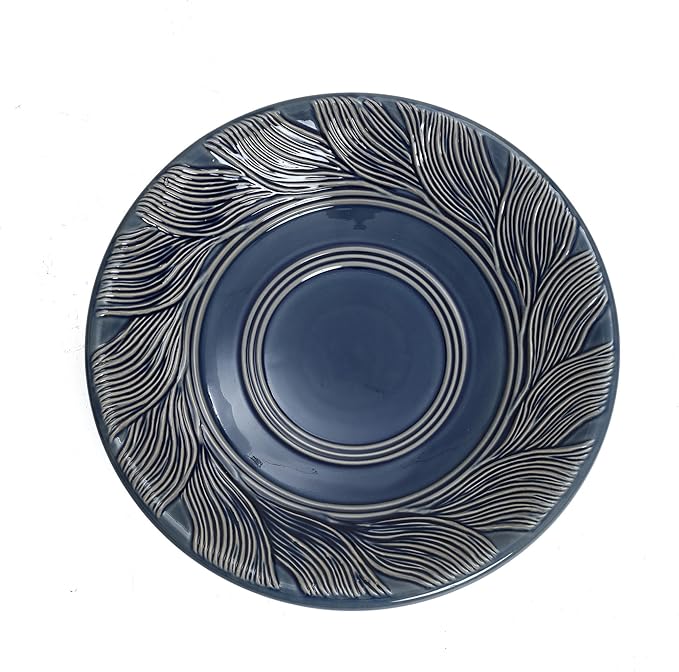 LuxenHome 22 Inch Ceramic Bird Bath for Outside, Elegant Tall Outdoor Bird Bath, Lightweight Pedestal Glazed Birdbaths for Outdoors with Leaves and Swirl Pattern, Blue