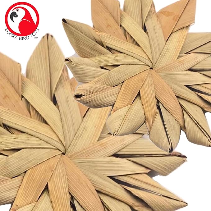 Bonka Bird Toys 1271 Pack of 3 Woven Palm Leaf Flowers 3" Natural Chew Shred Foot Toy for Extra Small to Medium Birds Parakeets Cockatiels Conures Senegals Amazons