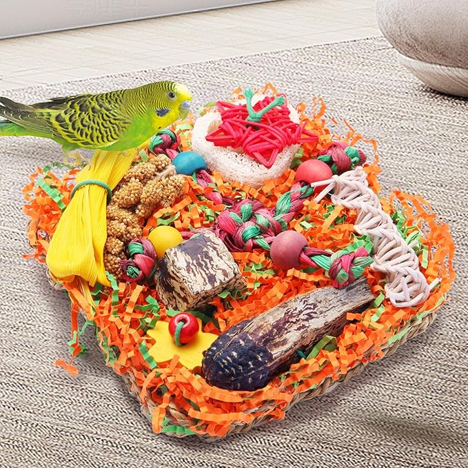 Bird Toys for Small & Medium Parrots - Natural Foraging & Shredding Cage Hanging Toys with Seagrass Mat, Starfruit, Loofah Slices for Budgies, Cockatiels, Lovebirds, Conures (1 PCS)