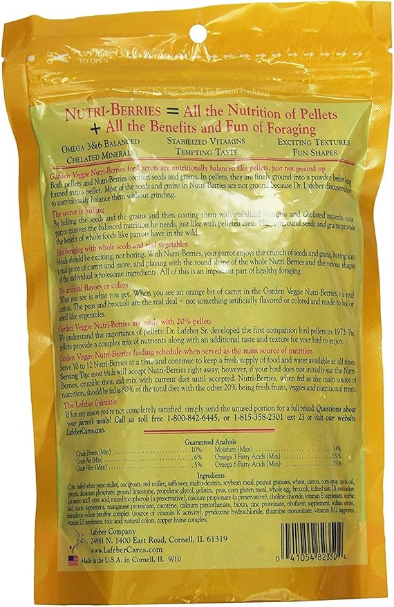 LAFEBER'S Nutri-Berries Parrot Food 2 Flavor Variety Sampler Bundle, (1) Each: Sunny Orchard with Cranberries Apricots Dates, Garden Veggie with Carrots Peas Broccoli (10 Ounces)