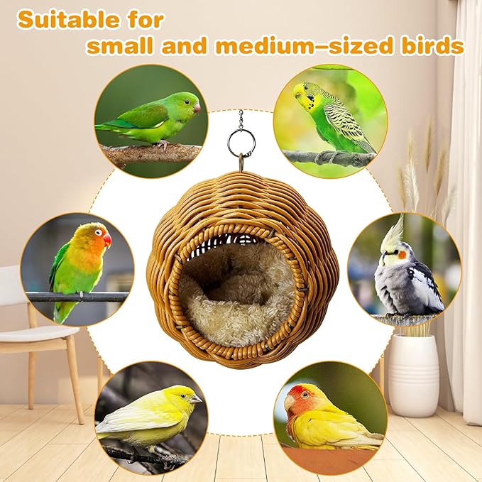 Rattan Birds Nest for Cage Hanging Parakeet House Chewproof Parrot Breeding Bed Small Budgies Hideout Swing Hut Bird Cage Accessories for Lovebirds Cockatiel Conure Finch Canary (Brown)