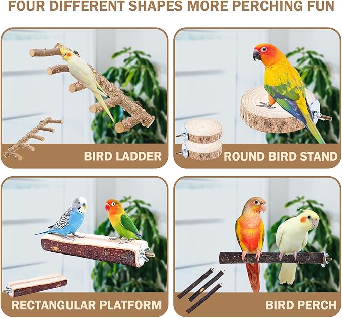 Bird Perches for Cage, 7PCS Natural Wood Bird Cage Accessories, Parakeet Toys Parrot Perch Stand for Parakeets, Budgies, Cockatiels, Lovebirds, Conures, Bird Ladder