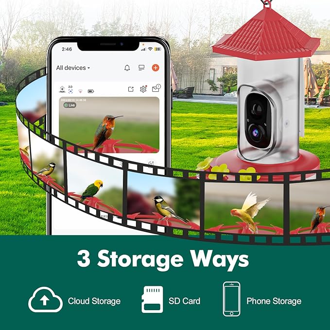 Smart Hummingbird Feeder with Camera, Wireless Bird Feeders with Solar Powered AI Recognition Instant Notifications, Feeder for Outdoor Ideal Gift for Bird Lovers