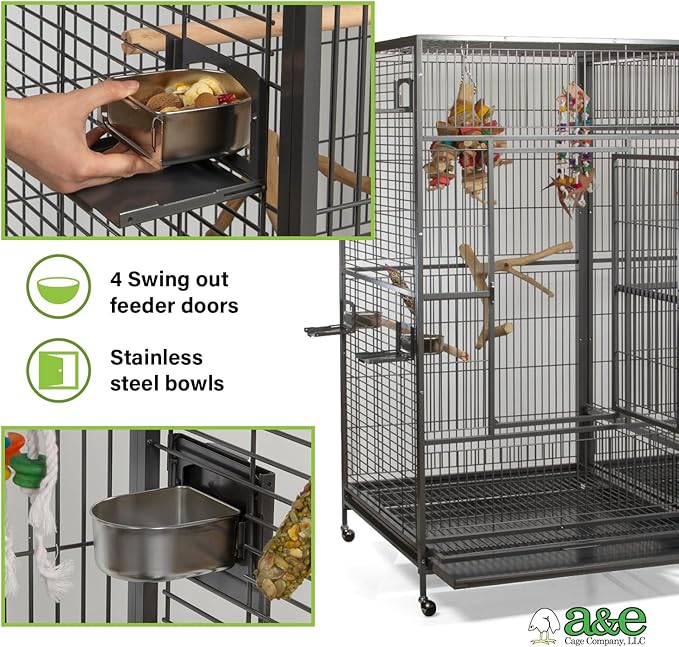 A&E Cage Co 8040FL Double Macaw Cage 80"x40"x74" Extra Large Parrot Cage with Divider, Swing-Out Feeder Doors, Stainless Steel Bowls & Perches, Heavy Duty for Macaws Cockatoos