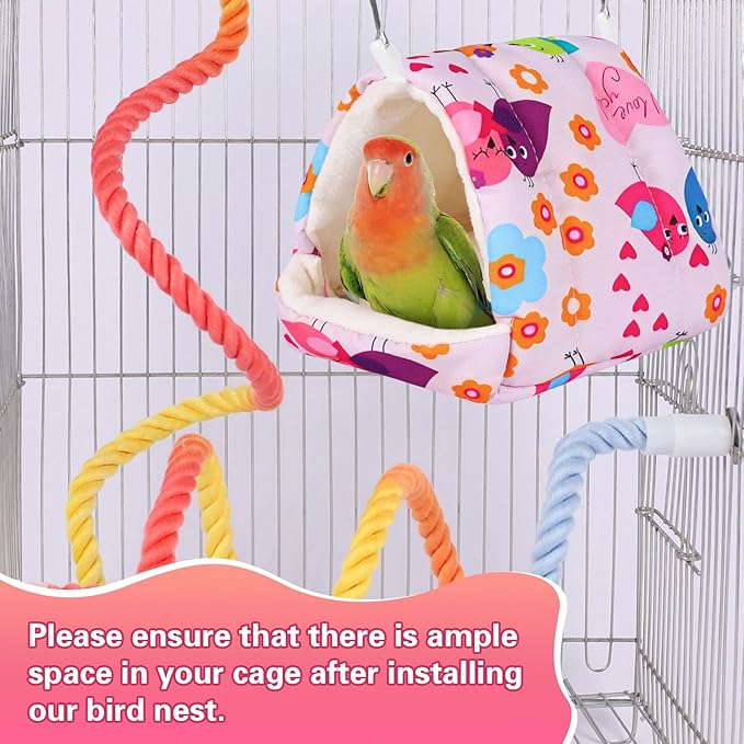 Bird Bed for Cage Warm Winter Nest Hammock with Hanging Hook Cage Accessories for Small Birds Parakeets Cockatiels Love Birds Cockatiels Conures Hamster (Pink, M)