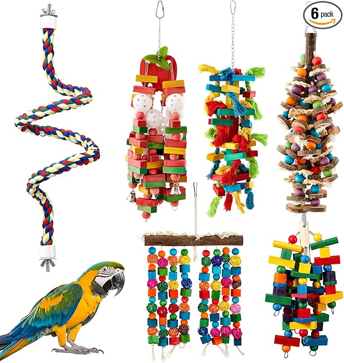 Seenelling 6 Pcs Extra Large Bird Parrot Toy Multicolored Natural Wooden Parrot Cage Chewing Toys for Large Medium Macaws Cockatoos African Grey Birds (Mixed)