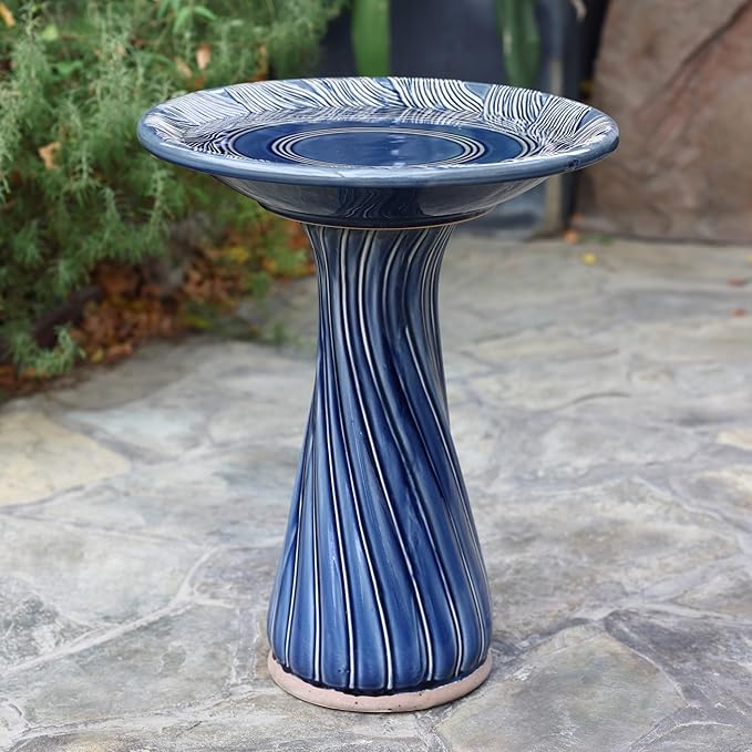 LuxenHome 22 Inch Ceramic Bird Bath for Outside, Elegant Tall Outdoor Bird Bath, Lightweight Pedestal Glazed Birdbaths for Outdoors with Leaves and Swirl Pattern, Blue