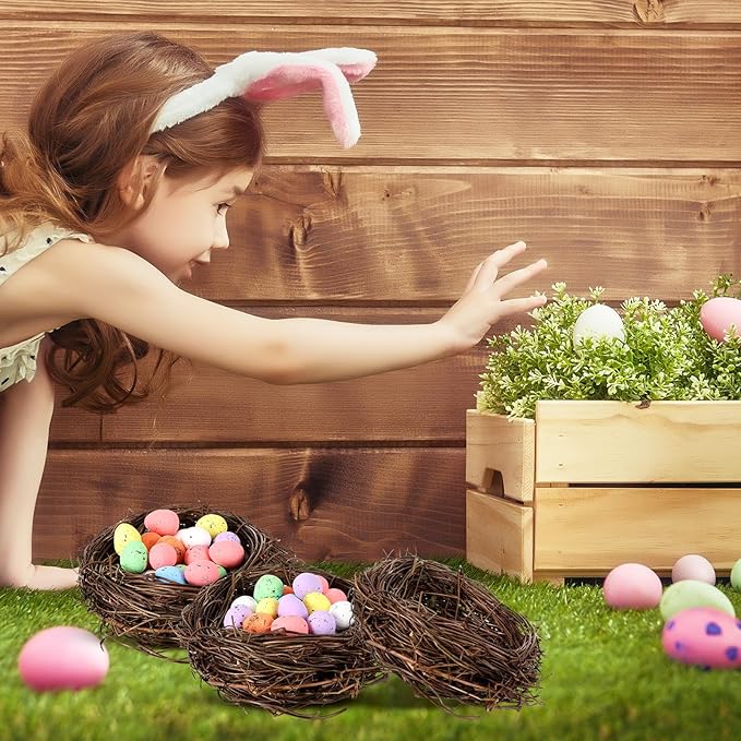 Simgoing 12 Pcs Birds Nests with 100 Pcs Easter Eggs, Mini Artificial Bird Nest for Crafts, Easter, Party, Wedding, Faux Rattan Nest Decorating(3.9 Inch)