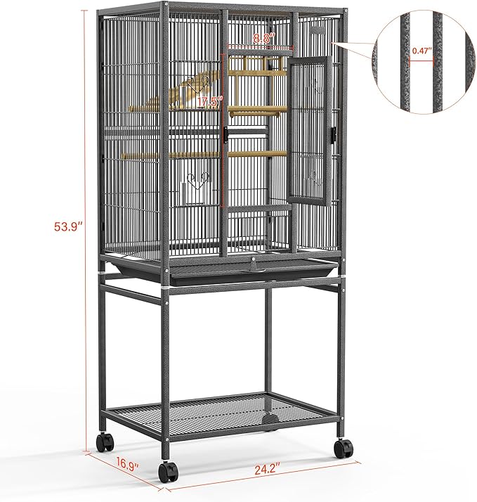 54" Large Bird Cage with Wheels, Durable Wrought Iron Parakeet Cage with Slide Out Tray, Black Bird Cages with Feeding Cups, Wooden Platform, Swing & Perches, for Lovebird, Cockatiels, Budgies