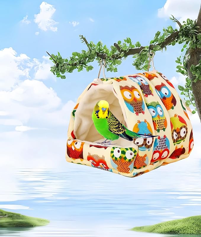 Bird Nest Plush Snuggle Hanging Hammock Bird Cave Parrot Sleeping Bed Shed Hut Hanging Tent for Hamster Parrot Macaw Budgies Parakeet Cockatiels Lovebird-Owl
