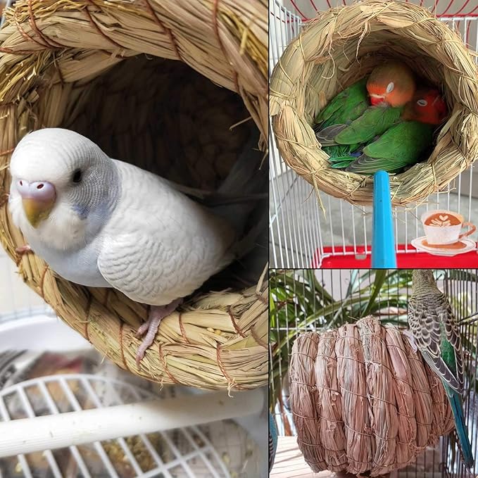 kathson 4PCS Straw Bird Nest Natural Fiber Birdcage Birdhouse Parrot Hideaway Shelter Hut Parakeet Perch Hanging Bell Toys for Small Finch Canary Lovebird Resting Breeding Playing