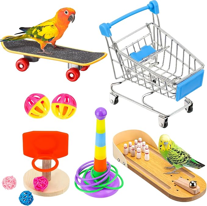 Skylety 10 Pcs Bird Training Toys Parrot Intelligence Accessories Include Bowling Basketball Toy Rings Shopping Cart Skateboard Bell Ball for Parakeet Cockatiel Macaw Parrot, Random Color