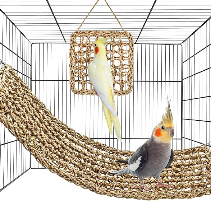 2Pcs Natural Sea Grass Parrot Mat - Foraging Chew Wall Toy with Climbing Rope & Hook, Hanging Play Pad for Lovebirds/Cockatoos/Budgerigars/Conures/Pigeons | 2 Sizes29.53x6.89 &7.48x7.48 Inches