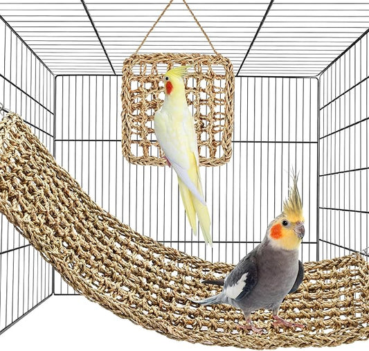 2Pcs Natural Sea Grass Parrot Mat - Foraging Chew Wall Toy with Climbing Rope & Hook, Hanging Play Pad for Lovebirds/Cockatoos/Budgerigars/Conures/Pigeons | 2 Sizes29.53x6.89 &7.48x7.48 Inches