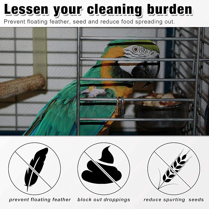 Universal Bird Cage Seed Catcher,Seed Catcher Guard Net Cover,Parrot Nylon Mesh Net Cover,Soft Airy Cage Net Stretchy Skirt for Round Square Cages (Circumference 74 inch to 118 inch，Black)