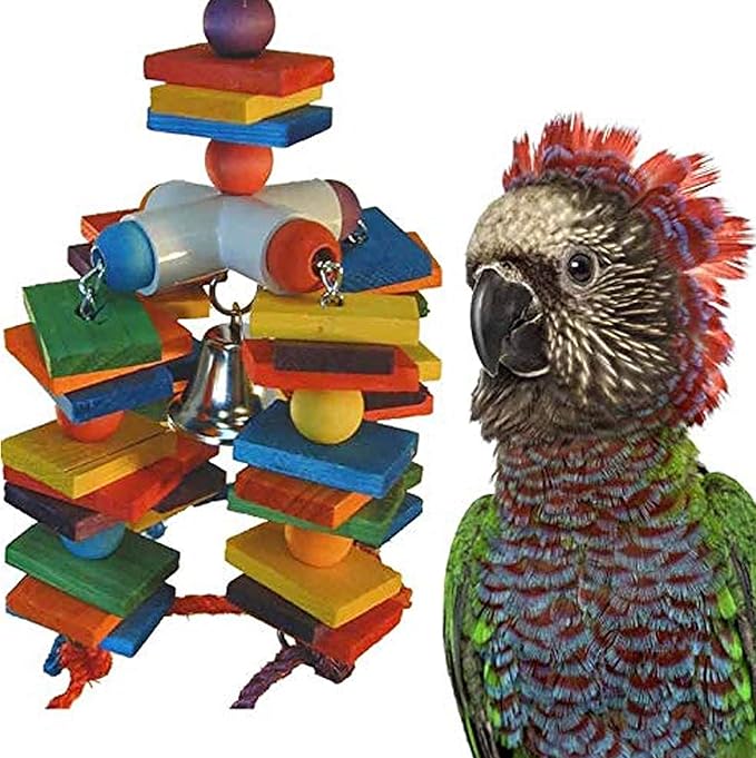 Super Bird Creations - SB440 4 Way Play Bird Toy - Colorful Wooden Blocks, Ringing Bell, and Bird Swing - Perfect Chew Toys for Mini Macaws, Parrots and African Greys - Ideal for Large Birds