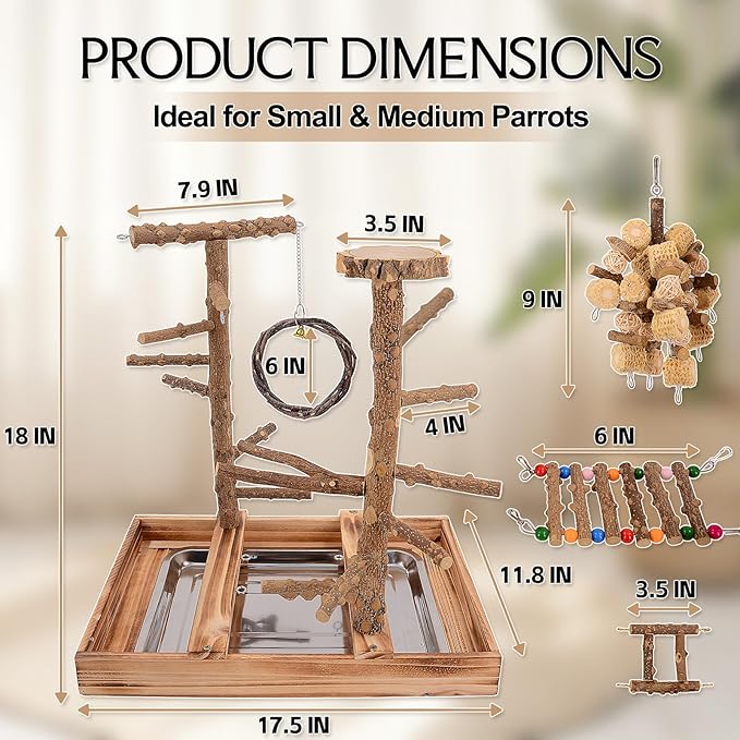 Natural Wood Bird Perch Stand, Multi-Layer Parrot Playground Gym with Feeding Cups and Toys, Real Branch Activity Center for Cockatiels, Parakeets, Conures, Budgies, Tabletop and Cage Top Use
