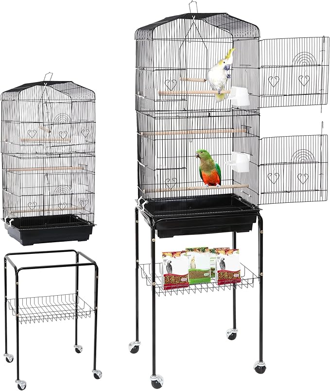 ZENY 63.4 Inch Bird Cage, Rolling Wrought Iron Parrot Cage with Side-Out Tray, Storage Shelf, Pet Bird House for Parrot Cockatiel Cockatoo Parakeet Macaw Finches
