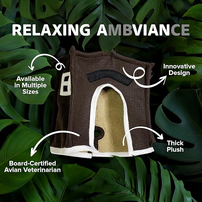 Crazy K Farm - Avian Haven Bird Hut, Comfy Bird Snuggle Hut, Plush Pet Bird Hut for Sleeping and Snuggling, Hanging Bird Cage Hut with Sherpa, Cozy Bird Cage Accessories Small, Brown