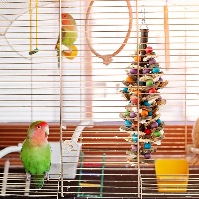 Seenelling 3 Pcs Extra Large Bird Parrot Toy Multicolored Natural Wooden Parrot Cage Chewing Toys for Large Medium Macaws Cockatoos African Grey Birds (Blue Block)