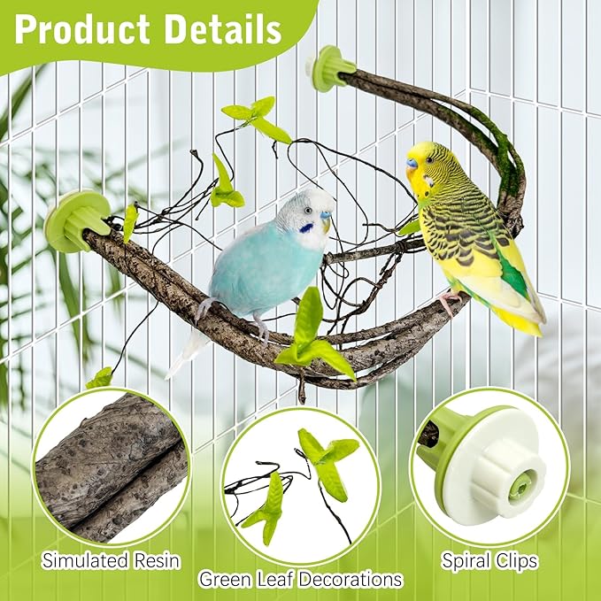 PINVNBY 2 PCS Bendable Bird Perches Simulation Branch Parrot Perch Stand with Green Leaf Hanging Paw Grinding Fork Cage Accessories for Parakeet Budgie Finch Cockatiel Conure (Medium)