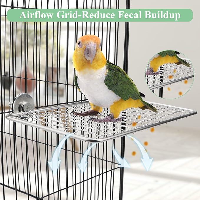 Hypeety 2pcs Stainless Steel Bird Perch Open-Grid Perch for Small and Large Parrots Claw-Friendly Grip Perch Easy Clean Cage Stand Bird Cage Platform for Budgies Cockatiels Conures Quakers Lovebirds