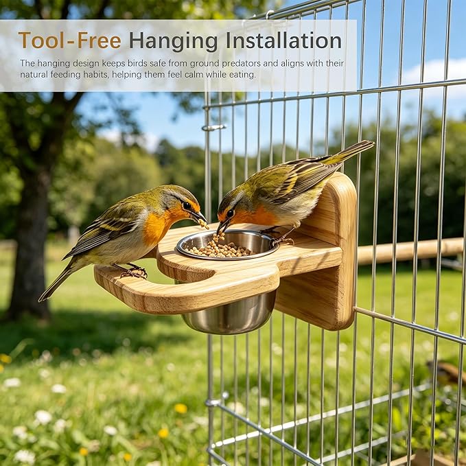 Bird Feeding Cup with Platform, Hanging Stainless Steel Parrot Feeding Bowl, Wooden Perch Stand, Bird Cage Food and Water Feeder for Parakeets, Cockatiels and Lovebirds