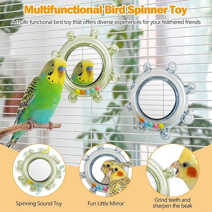 Hamiledyi Bird Rotating Toys with Mirror Interactive Spinner Rattle Parrot Toy Birds Chewing Toy Parakeet Cage Accessories for Entertainment Suitable for Conure Cockatiel Lovebird(Blue and Green,2PCS)