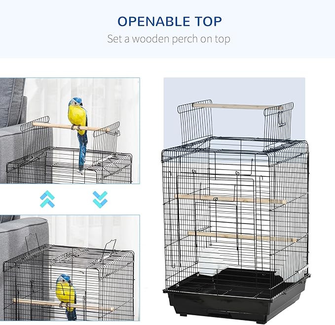 PawHut 23" Bird Cage Flight Parrot House Cockatiels Playpen with Open Play Top and Feeding Bowl Perch Pet Furniture Black