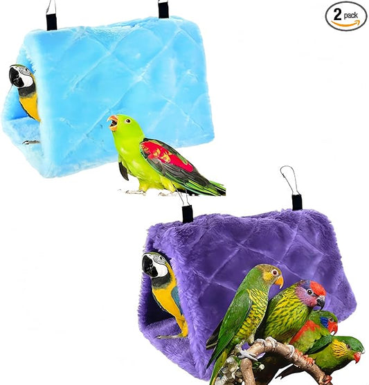 2 Pack Warm Bird Nest House Bed Hanging Hammock Plush Hanging Snuggle Cave Sleeping Bed Happy Hut for Parrot Parakeet Cockatiel Conure Cockatoo African Grey Macaw (Blue&Purple)