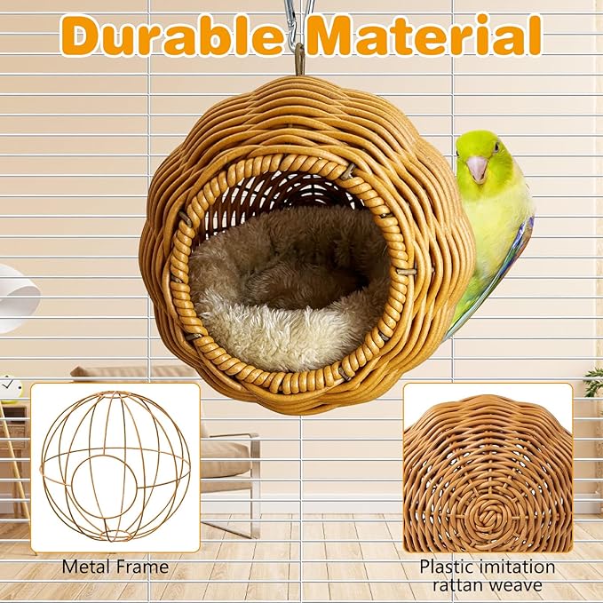 Rattan Birds Nest for Cage Hanging Parakeet House Chewproof Parrot Breeding Bed Small Budgies Hideout Swing Hut Bird Cage Accessories for Lovebirds Cockatiel Conure Finch Canary (Brown)