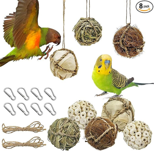 BNOSDM 8PCS Natural Bird Chew Toys Lightweight Conure Foot Toy Sola Balls Shred Toy Interactive Parrot Foraging Toys Bird Chew Balls with Hemp Rope Hook for Budgies Cockatiels Parakeets Senegal
