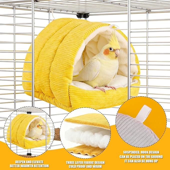 Winter Warm Bird Nest Bed, Plush Hanging Bird Bed for Cage, Plush Hut Tent, Hideaway Sleeping Nest for Budgies, Parakeets, Cockatiels, Conures (Yellow, S)