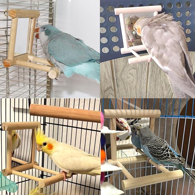 Hamiledyi Bird Mirror Parakeet Mirror Perch Stand Wooden Swing Mirror Toy Cage Accessories for Parrots Budgies Parakeets Cockatiels Lovebirds Finches