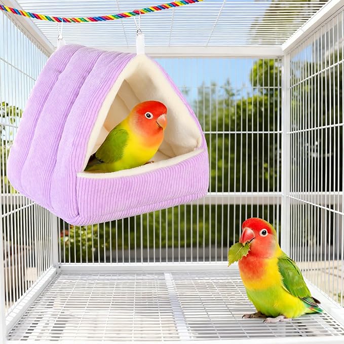 Bird Bed for Cage Winter Warm Bird Bed with Soft Plush Hanging Hammock & Hut Tent, Hideaway Sleeping Nest for Budgies, Parakeets, Cockatiels (Purple, M)