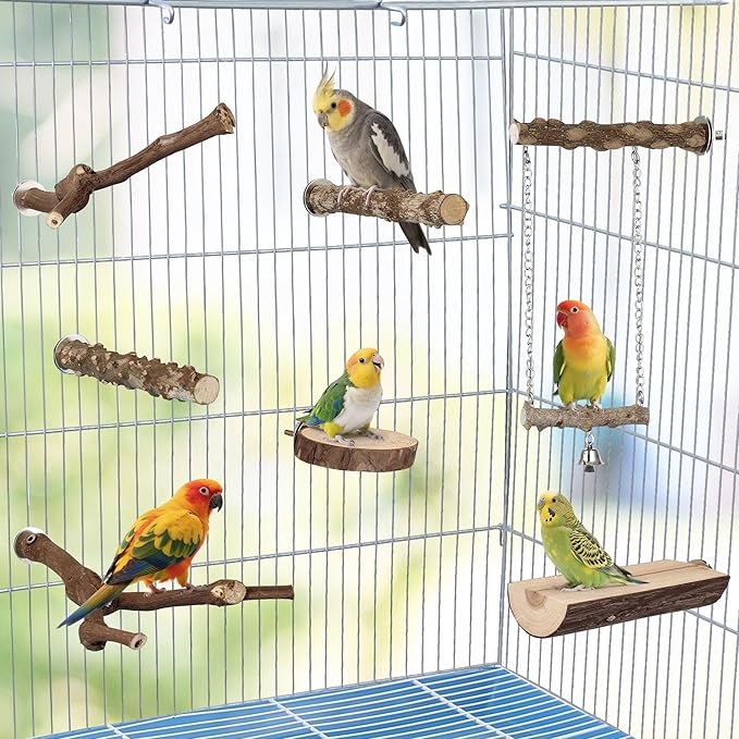 7pcs Set Natural Wood Bird Perches for Cage Wooden Bird Cage Accessories Including Curved Grape Stands Chewing Sticks Platforms Birds Swing Toy for Parakeets Cockatiels Small & Medium Birds