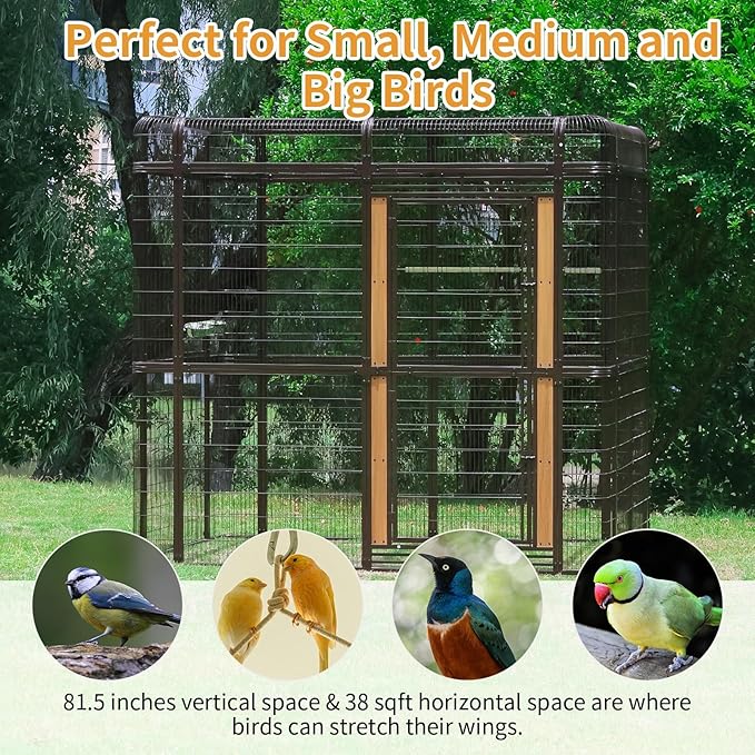 87-inch Outdoor Large Walk-in Cage Heavy Duty Bird Cage Carbon Crystal Board Aviary Parrot Cage Wide Flight Metal Birdcage for Macaw Budgie Conure Lovebird Parakeet Cockatiel, 7.22x5.25x6.8ft, Brown